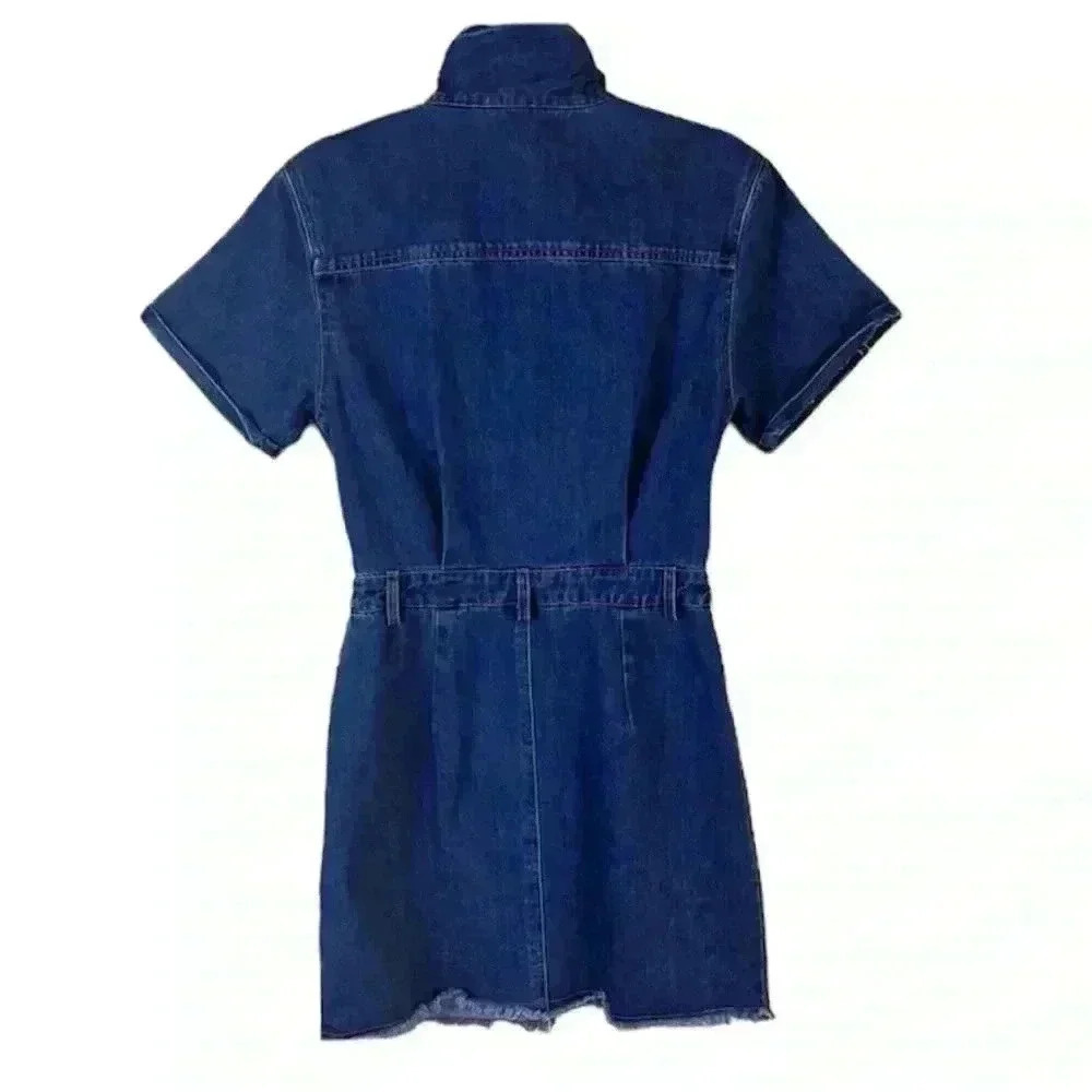 Le Lis Denim “70’s” Retro Collared Button Down Fitted Raw Hem Jean Dress Size M - Picture 3 of 16